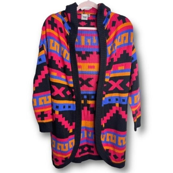 ASOS Size 4 Multicolor Colorful Aztec Southwestern Open Front Hooded Cardigan - Picture 1 of 9
